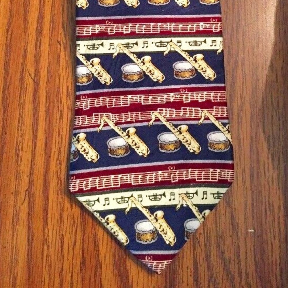 VTG 80s Giorgio Mens Silk Neck Tie Musical Instruments Jazz Big Band Novelty 90s